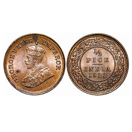 George V, Bronze, 1/2 Pice, 1922, Calcutta Mint, No mint mark. GK 1208. Mint State. Rare.