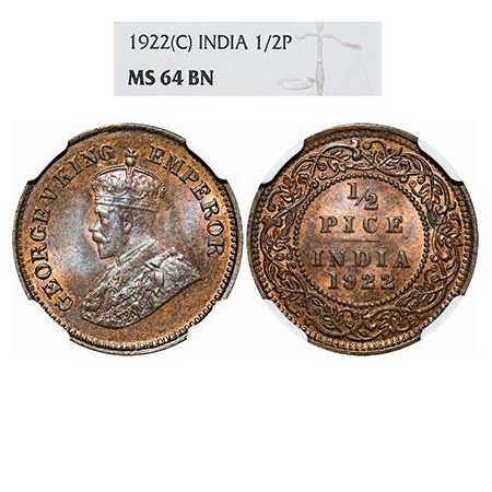 George V, Bronze, 1/2 Pice, 1922, Calcutta Mint, No mint mark. GK 1208. NGC Slabbed MS 64 