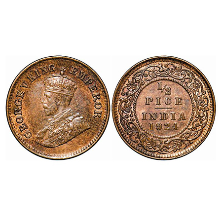 George V, Bronze, 1/2 Pice, 1924, Calcutta Mint, No mint mark. GK 1210. Mint State. Rare.