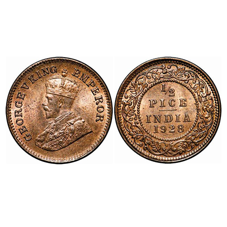 George V, Bronze, 1/2 Pice, 1928, Calcutta Mint, No mint mark. GK 1214. Mint State. Rare.