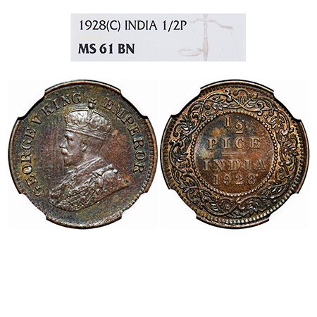 George V, Bronze, 1/2 Pice, 1928, Calcutta Mint, No mint mark. GK 1214. NGC Slabbed MS 61 