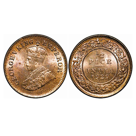 George V, Bronze, 1/2 Pice, 1929, Calcutta Mint, No mint mark. GK 1215. Mint State. Rare.