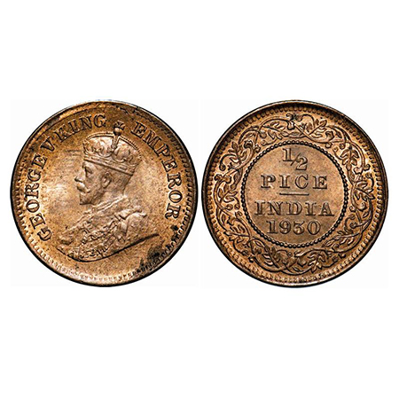 George V, Bronze, 1/2 Pice, 1930, Calcutta Mint, No mint mark, Ghost on Rev, Planchet flaw