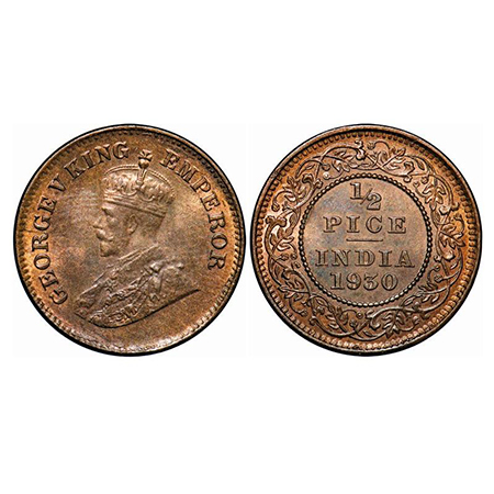 George V, Bronze, 1/2 Pice, 1930, Calcutta Mint, No mint mark. GK 1216. Mint State. Very S