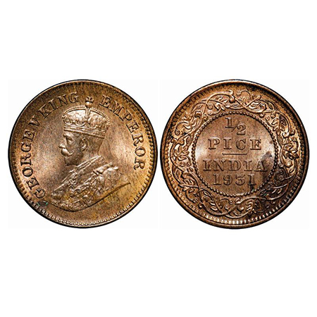 George V, Bronze, 1/2 Pice, 1931, Calcutta Mint, No mint mark, Die crack on Rev. GK 1217. 