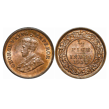 George V, Bronze, 1/2 Pice, 1932, Calcutta Mint, No mint mark, Ghost on Rev. GK 1218. Mint