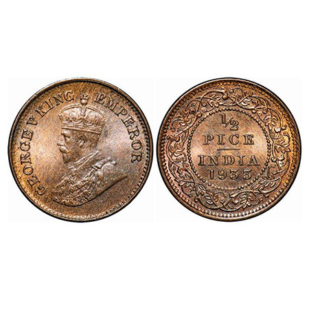 George V, Bronze, 1/2 Pice, 1933, Calcutta mint, No mint mark. GK 1219. Mint State. Very S