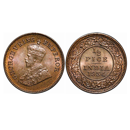 George V, Bronze, 1/2 Pice, 1934, Calcutta mint, No mint mark. GK 1220. Mint State. Very S