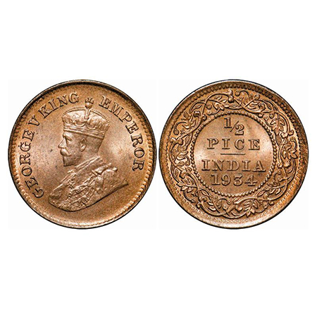 George V, Bronze, 1/2 Pice, 1934, Calcutta Mint, No mint mark. GK 1220. Mint State. Scarce