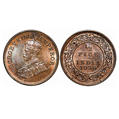 George V, Bronze, 1/2 Pice, 1936, Calcutta Mint, No mint mark. GK 1222. Mint State. Very S