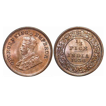 George V, Bronze, 1/2 Pice, 1936, Calcutta Mint, No mint mark. GK 1222. Mint State. Scarce