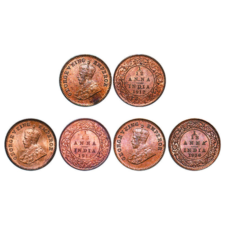 George V, Bronze, 1/12 Anna, (3 coins), 1) 1912, Calcutta Mint, No dot, 2) 1914, Calcutta 