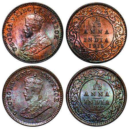 George V, Bronze, 1/12 Anna, (2 coins), Calcutta Mint, No dot, 1) 1915, 2 Planchet flaw on