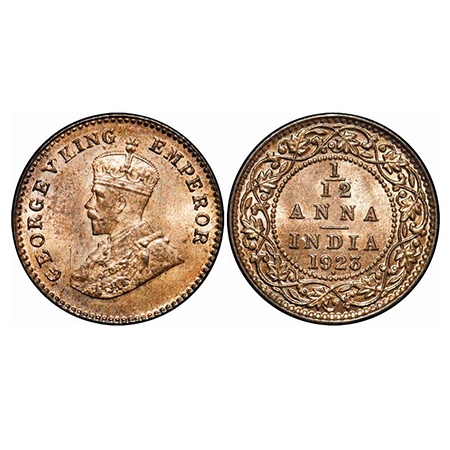 George V, Bronze, 1/12 Anna, 1923, Bombay Mint, Dot. GK 1233. Mint State. Scarce.