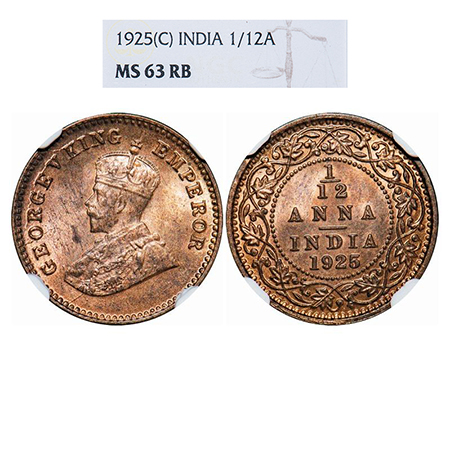 George V, Bronze, 1/12 Anna, 1925, Calcutta Mint, No dot. GK 1238. NGC Slabbed MS 63 RB. V