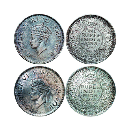 George VI, Silver, Rupee, (2 coins), 1938, Bombay Mint, A/I, 1) No dot, 2) Dot. GK 1254, 1