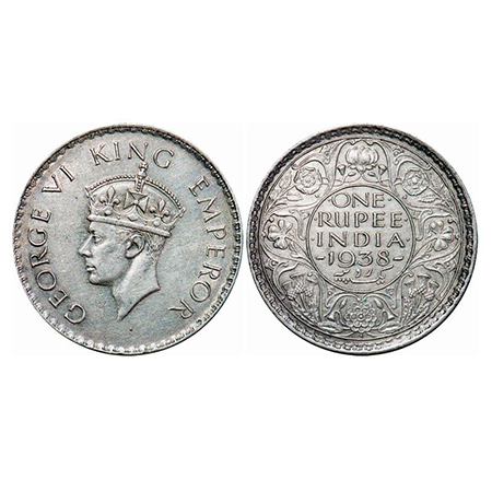 George VI, Silver, Rupee, 1938, Bombay Mint, A/I, Dot, Milled edge. GK 1255. Extremely Fin