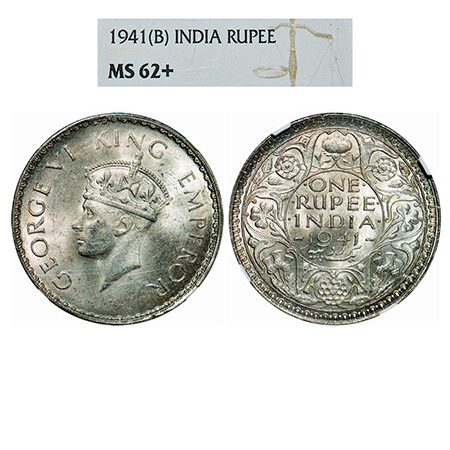 George VI, Half Silver, Rupee, 1941, Bombay Mint, A(a)/I, Dot, Security edge. GK 1261. NGC