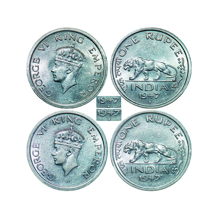 George VI, Nickel, Rupee, (2 coins), 1947, E/IV, Diamond, Security edge, 1) Small diamond,