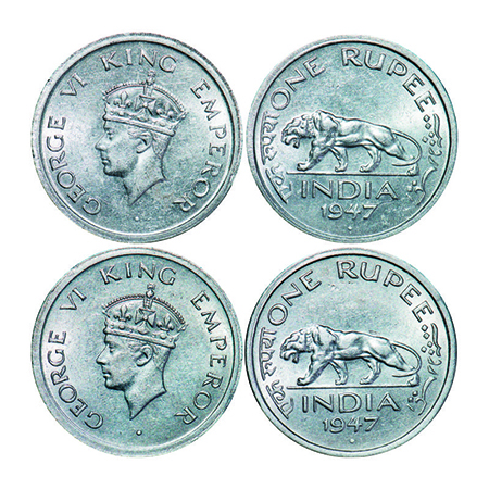 George VI, Nickel, Rupee, (2 coins), 1947, E/IV, 1) Diamond, Security edge, Normal diamond