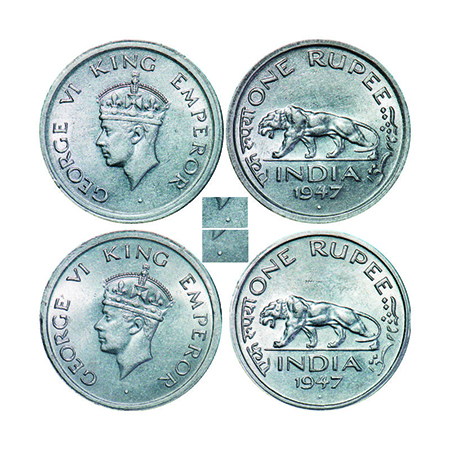 George VI, Nickel, Rupee, (2 coins), 1947, E/IV, Diamond, Security edge, 1) Truncation of 