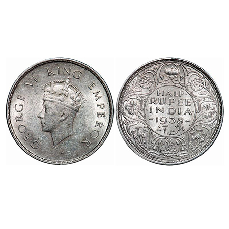 George VI, Silver, Half Rupee, 1938, Bombay Mint, A/I, Head Type I, Dot, Milled edge, Few 