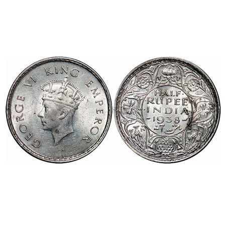 George VI, Silver, Half Rupee, 1938, Bombay Mint, A/I, Head Type I, Dot, Milled edge. GK 1