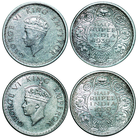 George VI, Silver, Half Rupee, 1939, (2 coins), 1939, Calcutta Mint, No dot, Milled edge, 