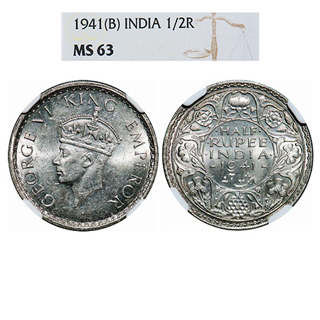 George VI, Half Silver, Half Rupee, 1941, Bombay Mint, A(a)/I(i), Dot, Head Type II, Secur