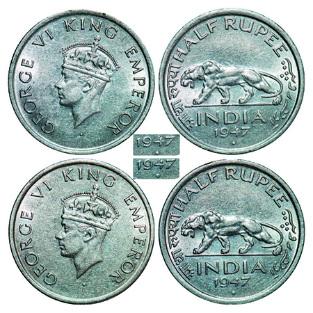 George VI, Nickel, Half Rupee, (2 coins), 1947, Bombay Mint, C/IV, Head Type II, Milled ed