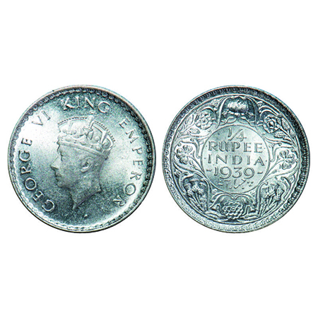 George VI, Silver, 1/4 Rupee, 1939, Calcutta mint, head Type I, Rev 1, No dot, Milled edge