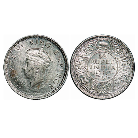 George VI, Half Silver, 1/4 Rupee, 1940, Bombay Mint, Head Type I, Rev 1, Dot, Milled edge