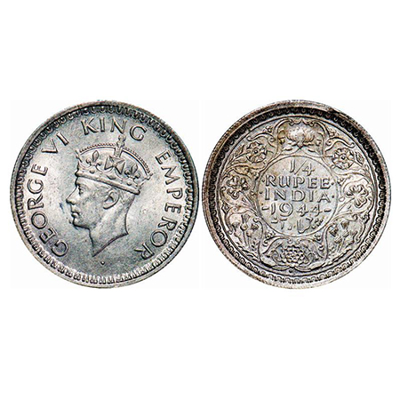 George VI, Half Silver, 1/4 Rupee, 1944, Bombay Mint, Head Type II, Rev 3, Diamond mint ma