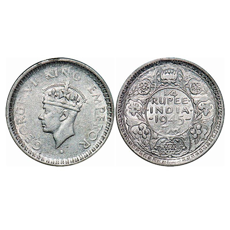 George VI, Half Silver, 1/4 Rupee, 1945, Bombay Mint, Head Type II, Rev II, Dot, Security 