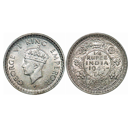 George VI, Half Silver, 1/4 Rupee, 1945, Bombay Mint, Head Type II, Rev II, Dot, Security 