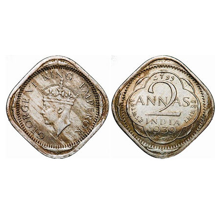 George VI, Copper-Nickel, 2 Annas, 1939, Bombay Mint, Head Type II, Dots by year, Tiny dia