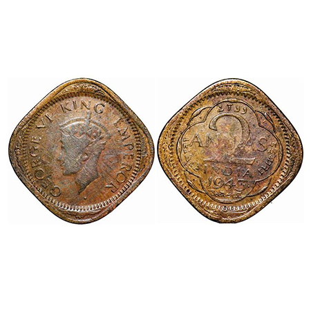George VI, Brass-Nickel, 2 Annas, 1943, Bombay Mint, Head Type II, Dots by year, Bottom cu