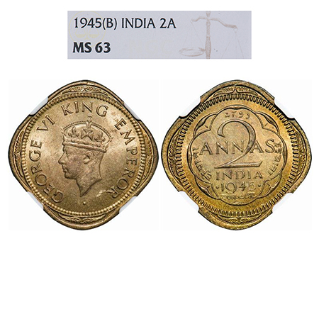 George VI, Brass-Nickel, 2 Annas, 1945, Bombay Mint, Head Type II, Dots by year, Tip of cr