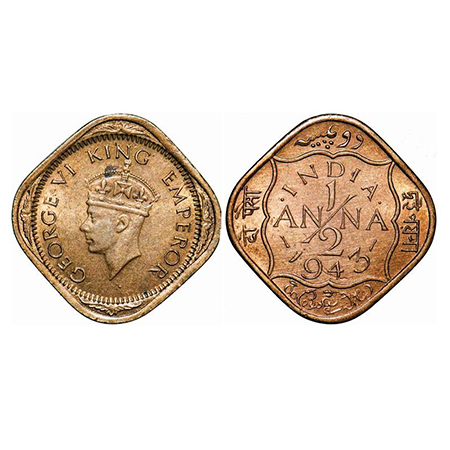 George VI, Nickel-Brass, 1/2 Anna, 1943, Calcutta Mint, Dots by India dashes by year, Erro