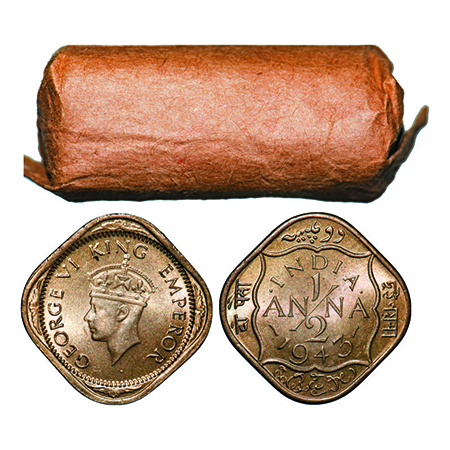 George VI, Copper-Nickel, 1/2 Anna, 1943, Roll of 24 coins in Brown paper. GK 1407. Immacu