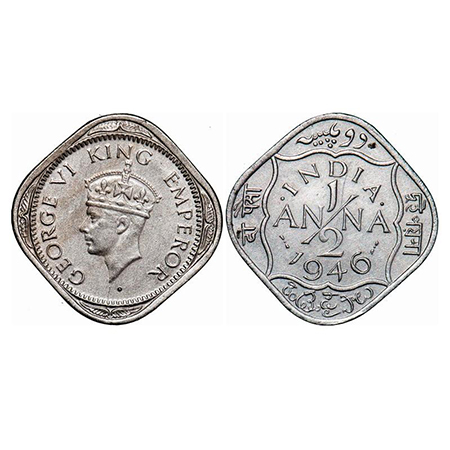 George VI, Copper-Nickel, 1/2 Anna, 1946, Bombay Mint, Dots by India, Dash-Dot-Dash, Diamo