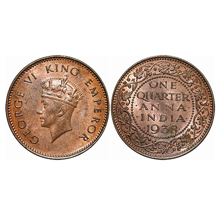 George VI, Bronze, Quarter Anna, 1938, Bombay Mint, Head Type I, Dot, No dots by One, Larg