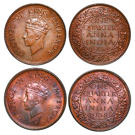 George VI, Bronze, Quarter Anna, (2 coins), 1938, 1) Bombay Mint, Head Type I, Dot, Dots b