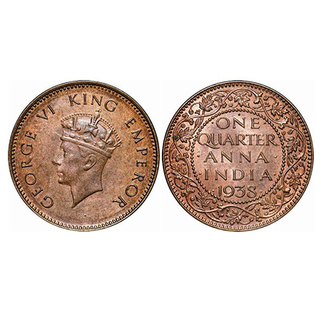 George VI, Bronze, Quarter Anna, 1938, Bombay Mint, Head Type I, Dot, Dots by One, Small y