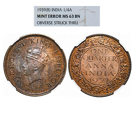 George VI, Bronze, Quarter Anna, 1939, Bombay Mint, Head Type I, Dot, Mint Error Obv struc