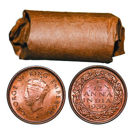 George VI, Bronze, 1/12 Anna, 1939, Bombay Mint, Roll of 24 coins in Brown paper. GK 1453.