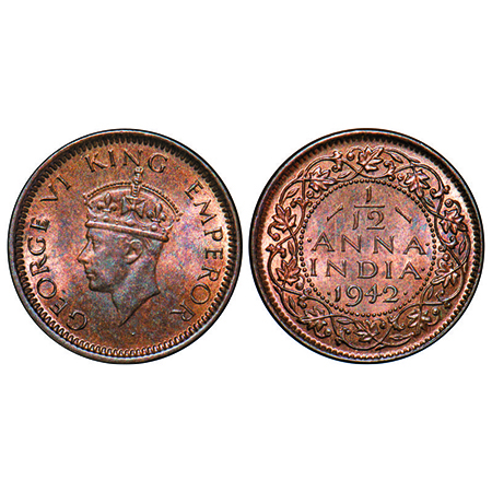 George VI, Bronze, 1/12 Anna, 1942, Bombay Mint, Head Type II, Dots by year. GK 1458. Bril